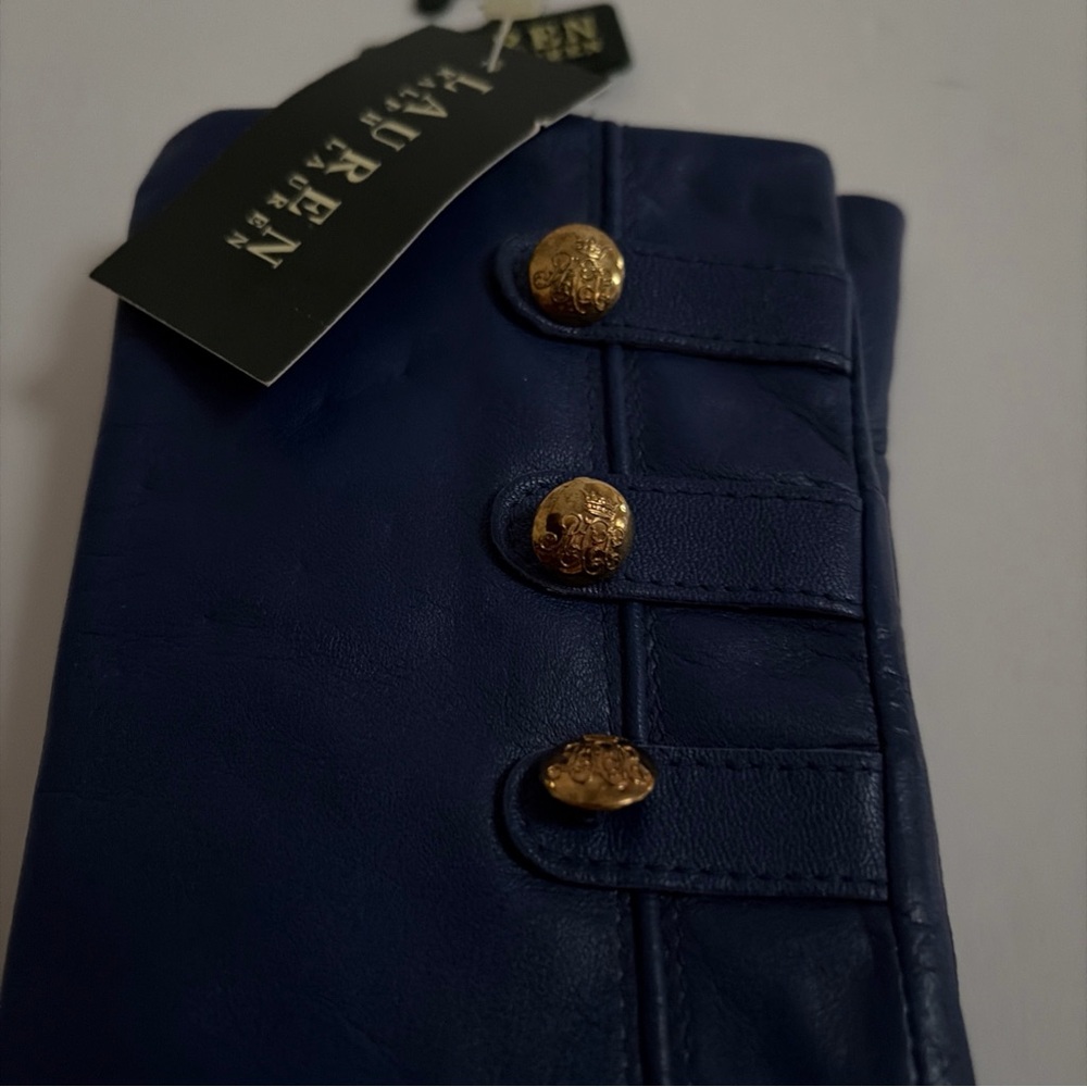 NWT Ralph Lauren Lined Leather Gloves Blue Three Buttons Size Large - Picture 5 of 6